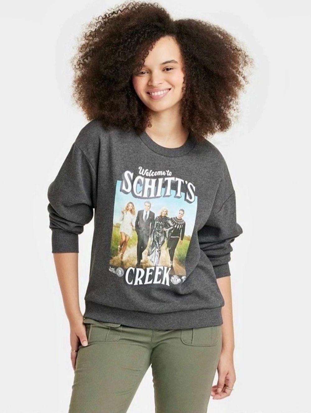 Schitts Creek Cast Graphic Sweatshirt Charcoal Heather Grey Medium Rose Apotheca